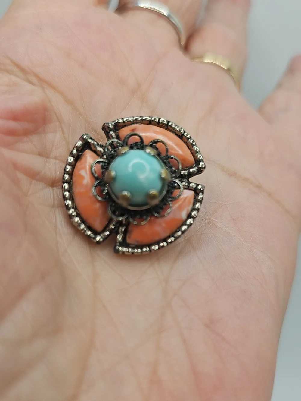 Roma Vintage Turquoise & Coral Floral Brooch